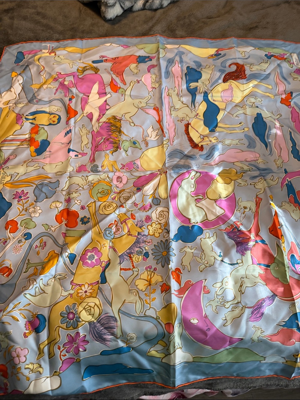 Hermes Multicolor Carousel Silk Scarf — Pastel Blue, Pink, Yellow, Gold Accents - Picture 13 of 13